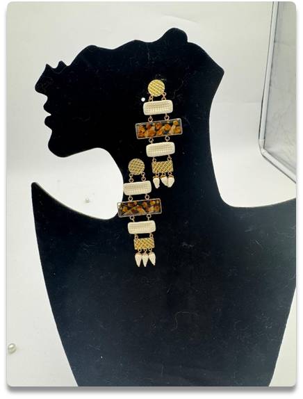 Textured Brass, Acrylic, and Ceramic Dangle Earrings in Earthy Tones