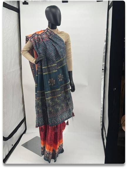Ajrakh Hand Block Print Gajayana Silk Saree with Natural Dyes and Geometric Pattern