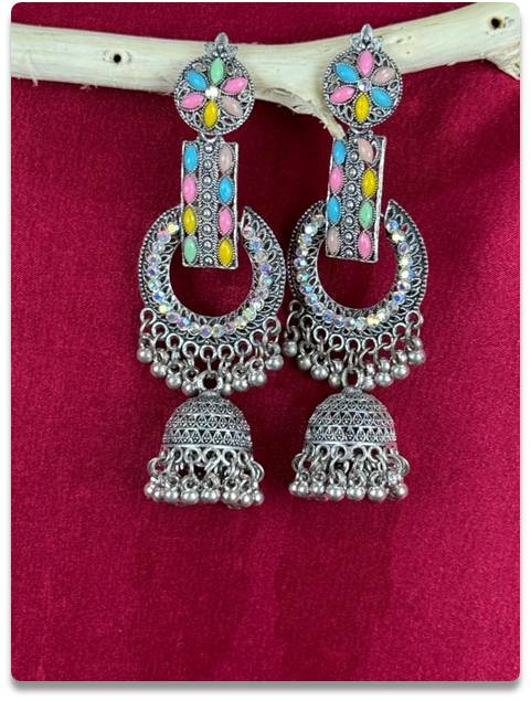 Multicolor Stone Silver Alloy Jhumka Earrings