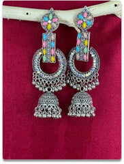 Multicolor Stone Silver Alloy Jhumka Earrings