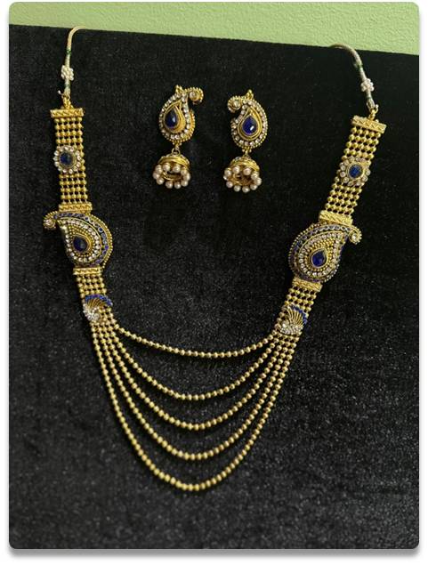 Elegant Gold-Plated Necklace Set with Blue Stones & Paisley Design