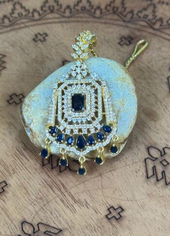 Gold-Plated Princess Cut Tikli Pendant with Blue Stone Detailing
