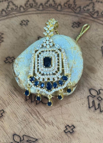 Gold-Plated Princess Cut Tikli Pendant with Blue Stone Detailing - back