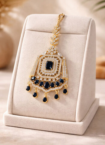 Gold-Plated Princess Cut Tikli Pendant with Blue Stone Detailing - front