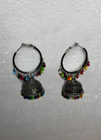 Colorful Traditional Jhumka Earrings – Oxidized Silver with Beadwork