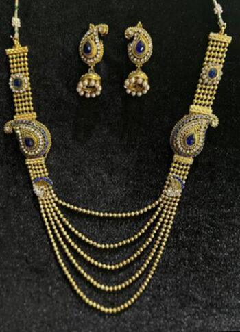 Elegant Gold-Plated Necklace Set with Blue Stones & Paisley Design