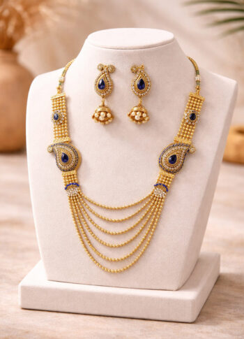 Elegant Gold-Plated Necklace Set with Blue Stones & Paisley Design -front