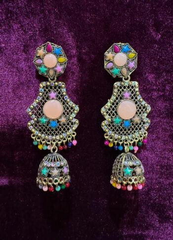 Colorful Stone Jhumka Earrings in Silver-Tone Finish