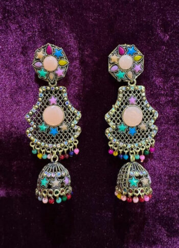 Colorful Stone Jhumka Earrings in Silver-Tone Finish - original