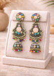 Colorful Stone Jhumka Earrings in Silver-Tone Finish with holder
