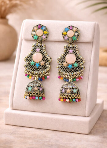 Colorful Stone Jhumka Earrings in Silver-Tone Finish with holder