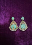 Teal and Gold Statement Earrings in Stainless Steel with-holder