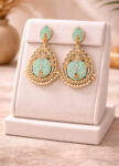 Teal and Gold Statement Earrings in Stainless Steel with-holder