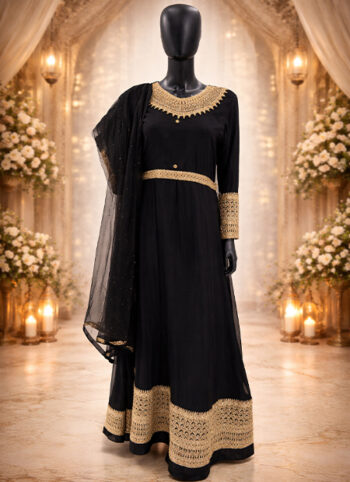 Black Anarkali Suit with Golden Embroidery – Size 40