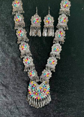Elegant Silver-Tone Necklace & Earrings Set with Colorful Accents - original