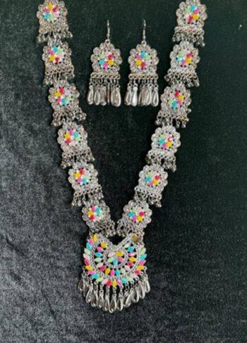 Elegant Silver-Tone Necklace & Earrings Set with Colorful Accents