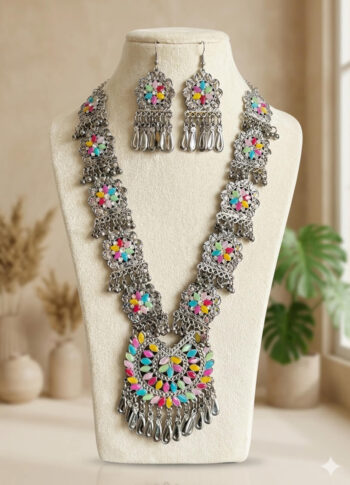 Elegant Silver-Tone Necklace & Earrings Set with Colorful Accents - with holder