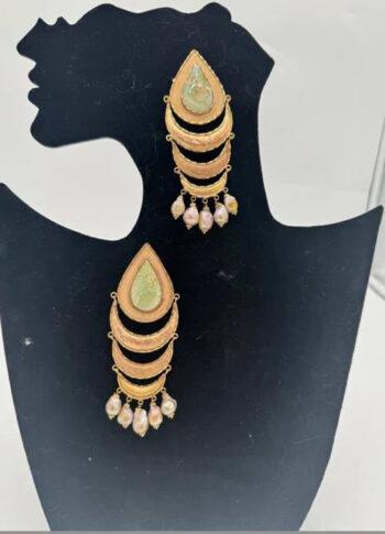 Gold-Toned Green Gemstone & Pearl Earrings