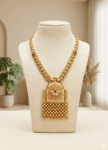 Heritage Gold-Plated Brass Necklace with Intricate Pendant - with holder