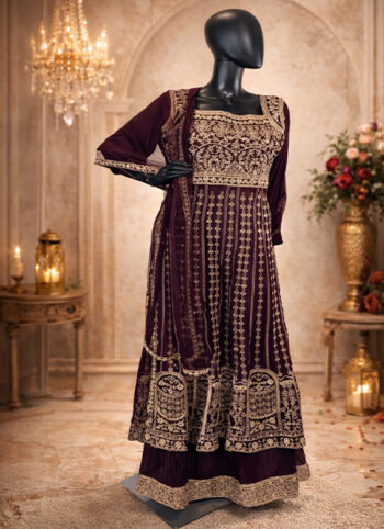 Maroon-Anarkali-Suit-with-Beige-Embroidery-–-Size-L-front