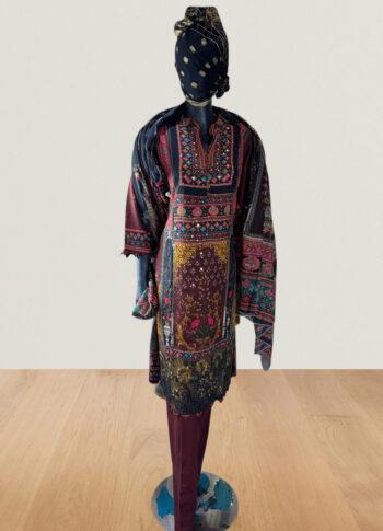 Maroon Cotton Printed Suit with Golden Accents – Size 46