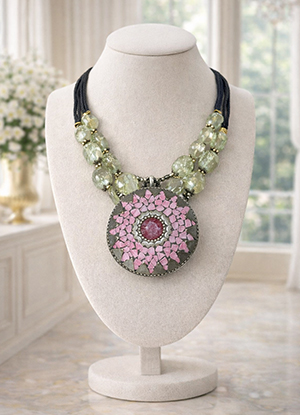 Brass-Mosaic-Pendant-Necklace-with-Red-Stone-Pearls-Beads-