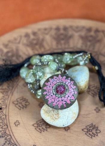 Brass Mosaic Pendant Necklace with Red Stone, Pearls & Beads