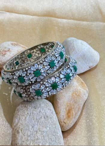 Emerald Green Stone Bangles with Floral Silver Detailing