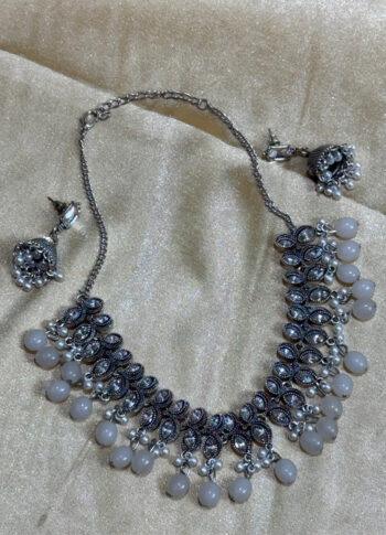 German Silver Necklace with Pearls & Stone Work