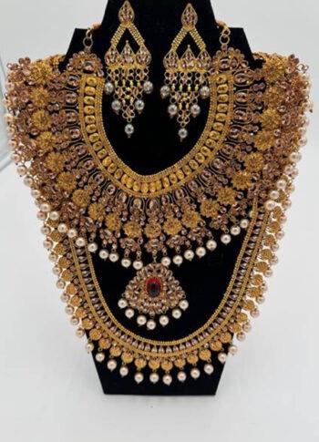 Gold Plated Bridal Layered Necklace Set with Earrings & Pendant