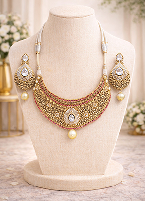 Gold-Plated-Choker-Necklace-Set-with-Pearls-Rubies-Hand-Work-1