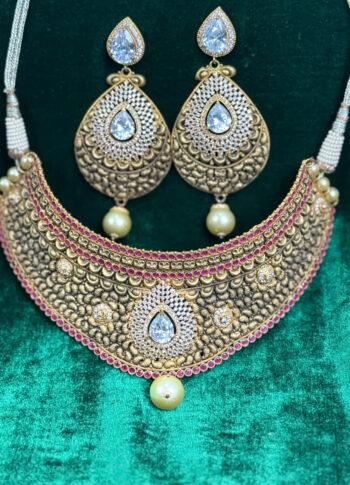 Gold Plated Choker Necklace Set with Pearls, Rubies & Hand Work