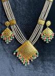 Gold Plated Long Necklace with Pearl Strings & Filigree Pendant-3