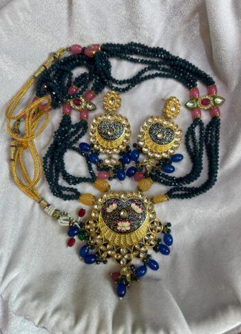 Gold Plated Necklace with Ruby, Sapphire, Moonstone & Enamel Work