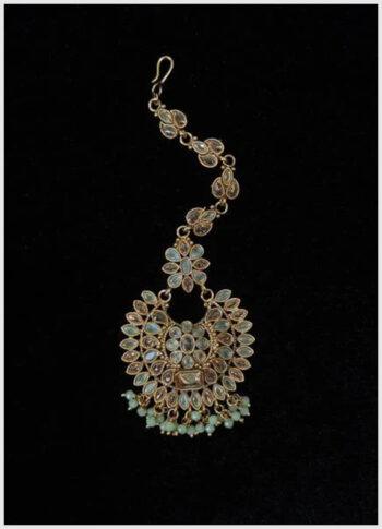Gold-Plated Pearl & Stone Tikli – Timeless Floral Design
