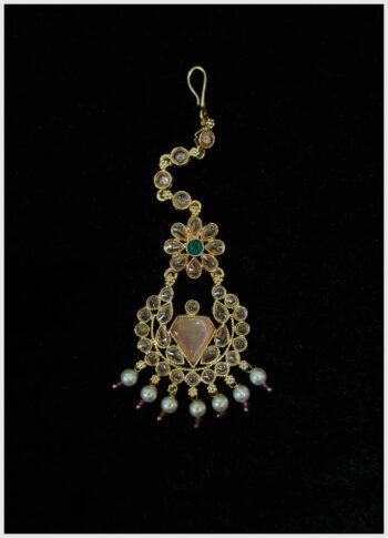 Gold-Plated Stone Tikli with Elegant Design & Pearl Drops