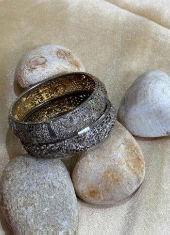 Intricately Designed Silver & Brass Bangles with Stone Detailing (Set of 2)