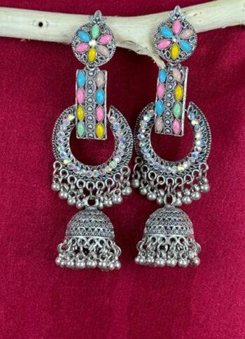 Multicolor Stone Silver Alloy Jhumka Earrings