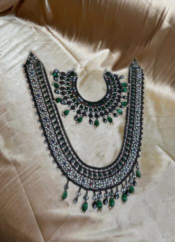 Oxidized Necklace with Emerald Drop Stones & Beaded Detailing