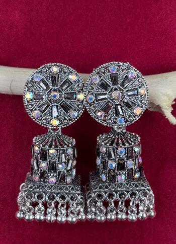 Round Silver Alloy Earrings with Stone Detailing