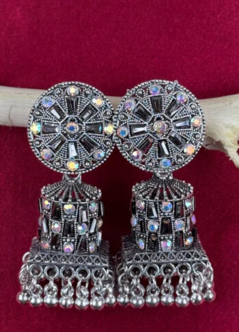 Round Silver Alloy Earrings with Stone Detailing - original