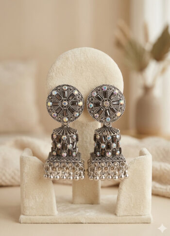 Round Silver Alloy Earrings with Stone Detailing