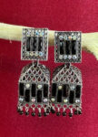 Silver-Toned Alloy Earrings with Black Stone Detailing – with holder