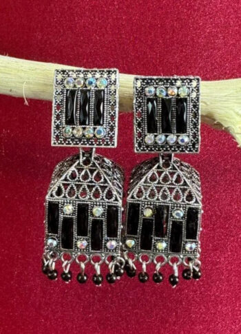 Silver-Toned Alloy Earrings with Black Stone Detailing - original
