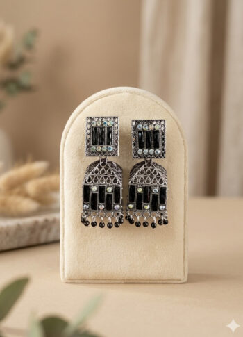 Silver-Toned Alloy Earrings with Black Stone Detailing