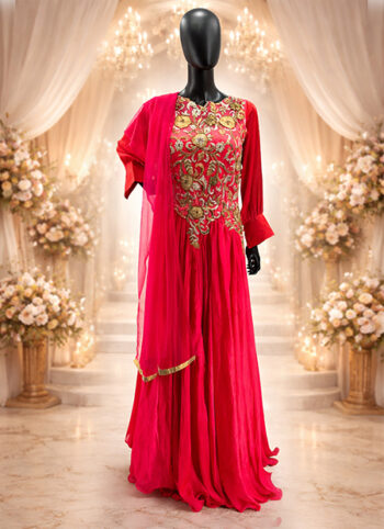 Fuchsia-Hand-Embroidered-Long-Gown-Set-with-Pants-Dupatta-–-Stone-Embroidery-Work-front