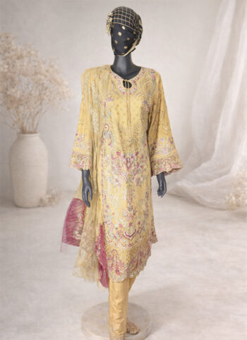 Handmade Yellow Embroidered Shalwar Kameez Set with Dupatta – Crêpe Chiffon Festive Wear