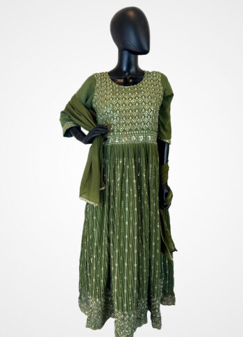 Light Green Chiffon Long Gown Set with Trousers & Scarf – All-Over Handwork (Size 38)