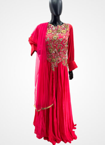 Fuchsia Hand-Embroidered Long Gown Set with Pants & Dupatta – Stone & Embroidery Work