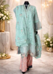Premium Organza Shalwar Kameez Set in Peach & Baby Blue – Hand Embroidered with Stone Work-front